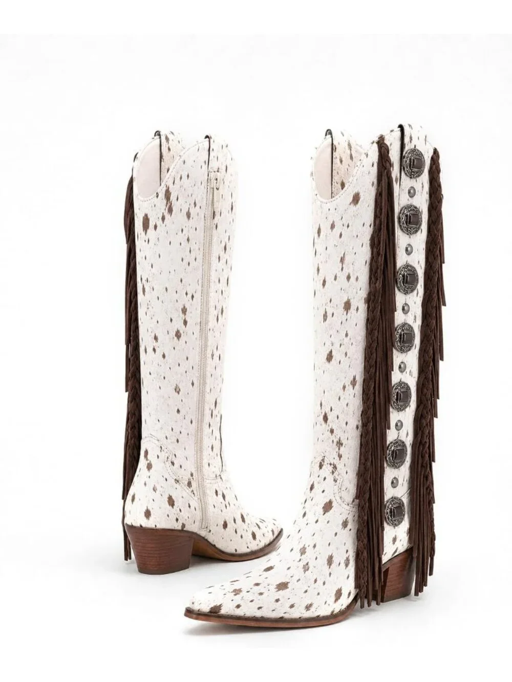 Women's White Fringe Comfortable Long Western Knee High Pointed Toe Heeled Boots